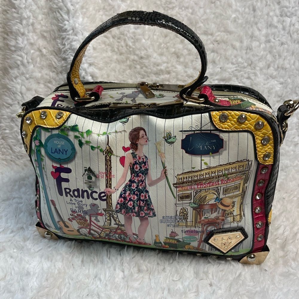 Kanu Vintage Multi Color Satchel/ Shoulder Bag Gold Tone And Rhinestone Accents